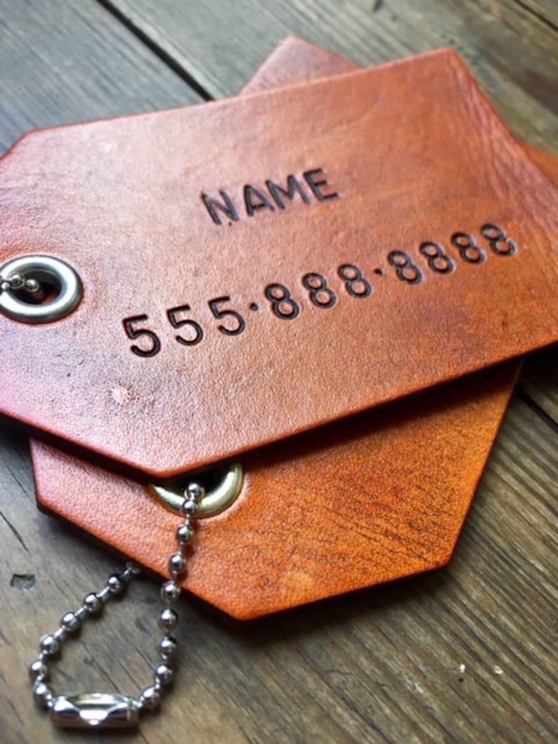 Custom Personalized Leather Luggage Tag: 1 single luggage tag, Hand Stamped Gift image 3