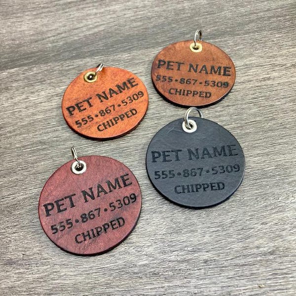 Leather Dog Name Tag, NO JINGLING, Luggage Tag, Cat ID Tag, Leather Dog Collar, Dog Name Tag,