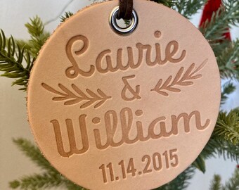 Couple's Leather Christmas Tree Ornament, Holiday Ornament, Christmas Decorations, Third Anniversary gift