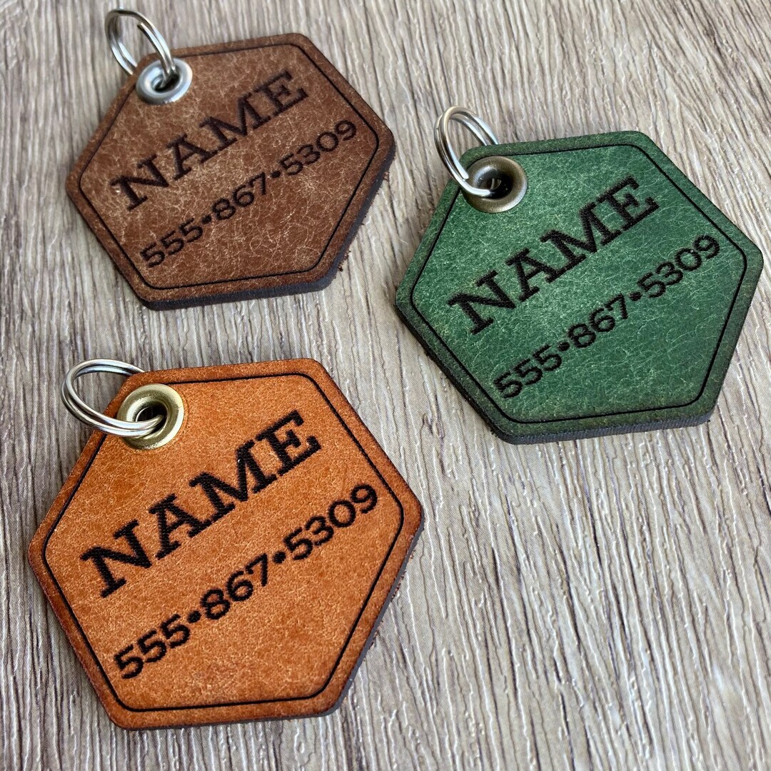 Leather Dog Name Tag, NO JINGLING, Luggage Tag, Cat ID Tag, Leather Dog