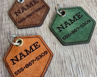 Leather Dog Name Tag, NO JINGLING, Luggage Tag, Cat ID Tag, Leather Dog Collar, Dog Name Tag,