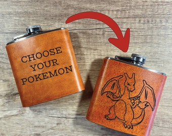 Custom Pokemon Leather Wrapped Flask, Choose Your Pokemon, Gotta catch em all