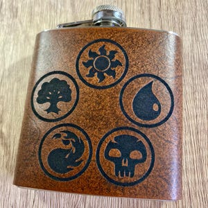 Magic the gathering flask, MTG leather handmade flask, WUBRG gift, wizards of the coast, EDH commander mtg, standard modern magic card game