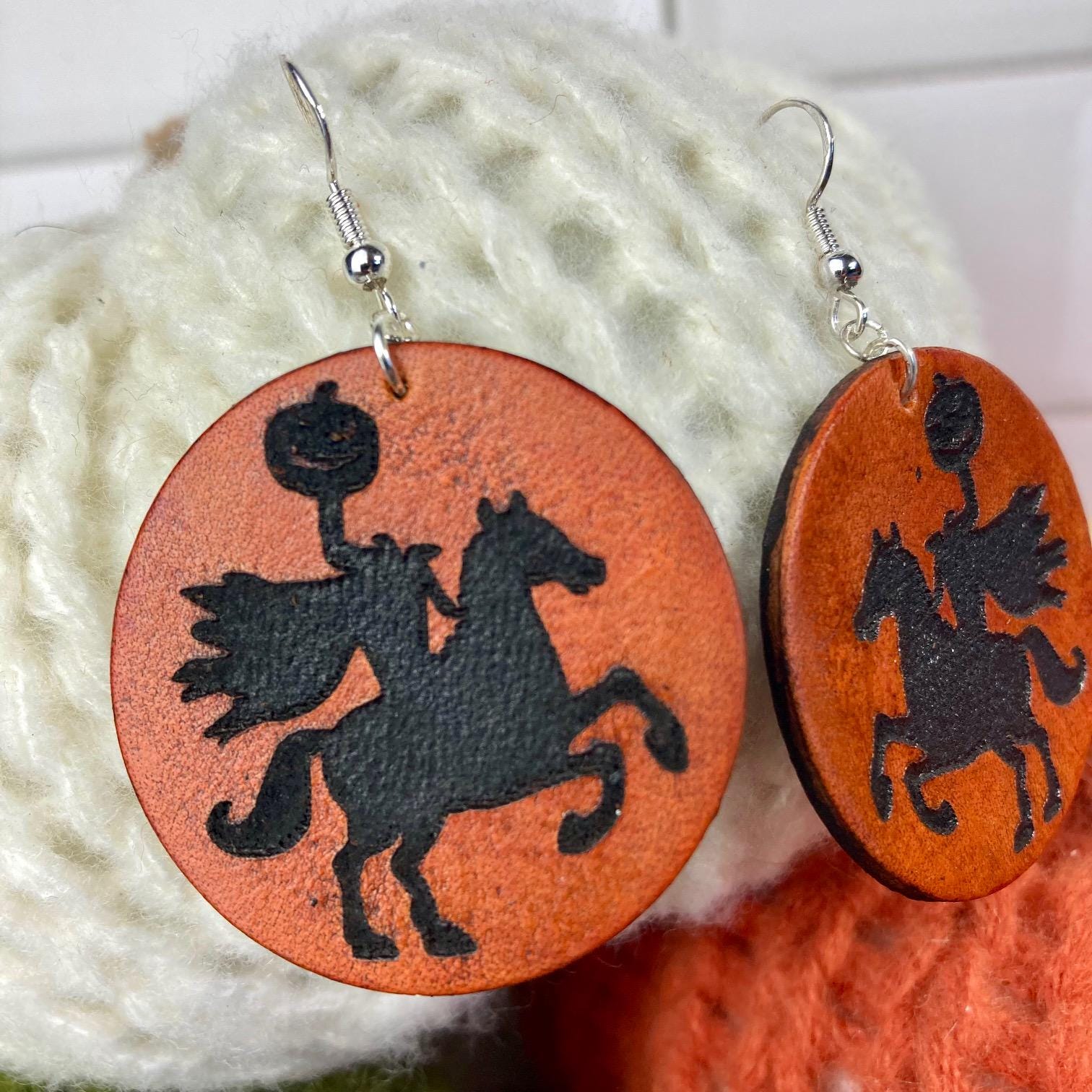 Halloween Leather Headless Horseman Earrings, Spooky Earrings