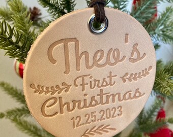 Baby's First Christmas 2023 Leather Christmas Tree Ornament, custom Personalized ornament, Holiday Ornament, Christmas Decorations,