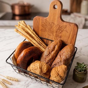 Cesta organizadora de pan de madera de aliso hecha a mano, almacenamiento rústico para la encimera de la cocina, panera de madera ecológica, regalo de inauguración de casa