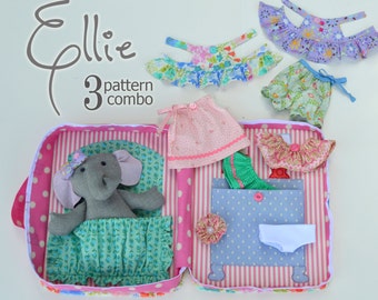 3 PATTERN COMBO Ellie Baby Elephant PDF Doll Pattern, Wardrobe and Travel Case