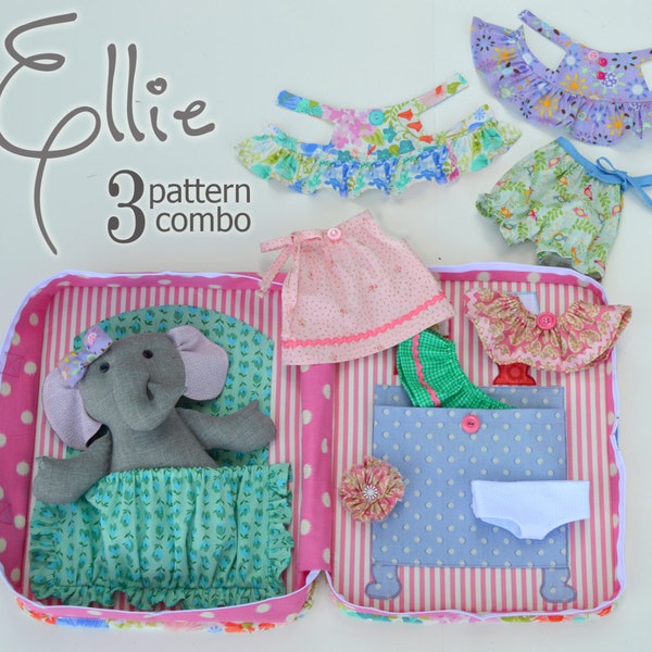 SALE  3 Pattern Combo -  Ellie Baby Elephant PDF Doll Pattern, Wardrobe and Travel Case