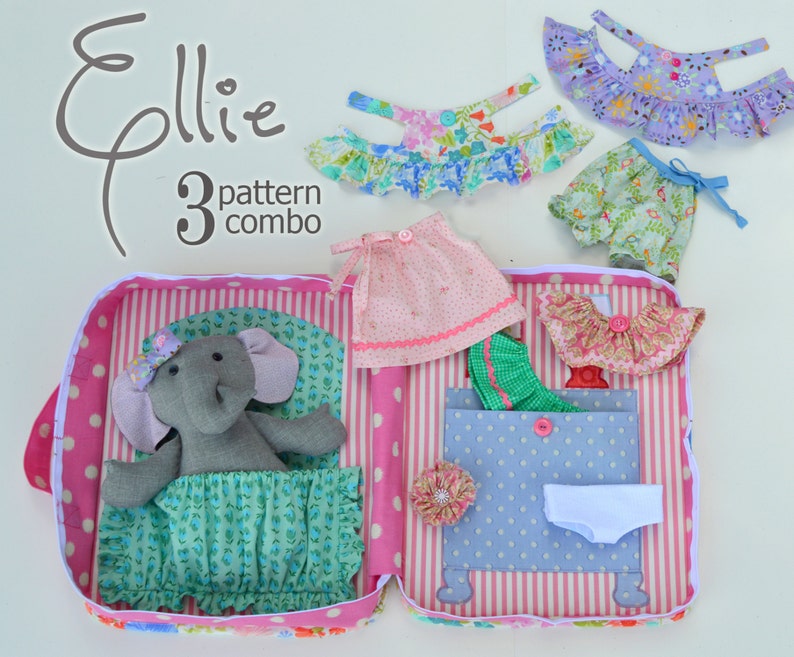 SALE 3 Pattern Combo Ellie Baby Elephant PDF Doll Pattern, Wardrobe and Travel Case image 1