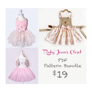 Könnte beinhalten: Ein Set aus drei PDF-Schnittmustern für ein Kleid und eine Schürze mit Hasenthema. Die Schnittmuster sind als Bundle für 19 € erhältlich. Die Kleider sind rosa und weiß mit einem Tüllrock und einem Hasengesicht auf dem Oberteil. Die Schürze ist braun mit einem Blumendruck und einem Hasengesicht auf der Vorderseite.