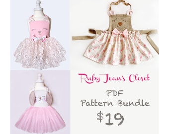 PDF pattern - Sleepy Bear, Bunny and Kitty Children's Apron Sewing Pattern.  Toddler Pattern. All Sizes 1/2-8 Included