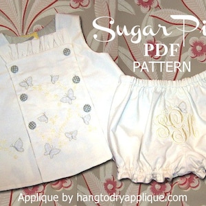 Sugar Pie Reversible Bib, Top and Bloomer Pattern. Clothing PDF Sewing Pattern for Baby Toddler. Sizes 1/2, 1, 2, 3, included