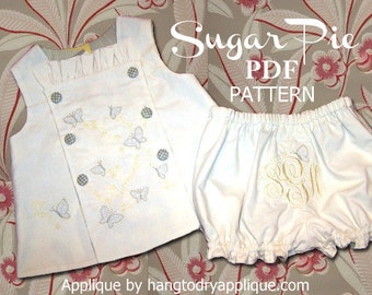 Sugar Pie Reversible Bib, Top and Bloomer Pattern. Clothing PDF Sewing Pattern for Baby Toddler. Sizes 1/2, 1, 2, 3, included