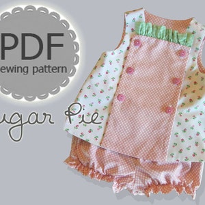 Sugar Pie Reversible Bib, Top and Bloomer Dress PDF Pattern for Baby Toddler. Sizes 1/2, 1, 2, 3, included