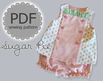 Sugar Pie Reversible Bib, Top and Bloomer Dress PDF Pattern for Baby Toddler. Sizes 1/2, 1, 2, 3, included