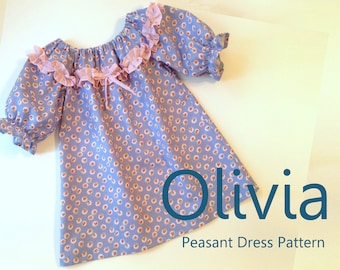 Olivia - Girl's Ruffled Peasant Dress Pattern PDF. Girl Kid Toddler Child Sewing Pattern. Easy Sew Sizes 1(12m)-10 included