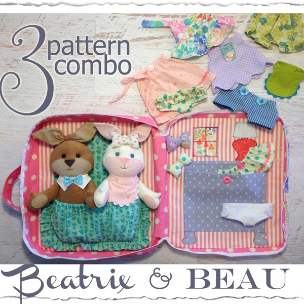 3 PATTERN COMBO Beatrix and Beau Baby Bunny PDF Doll Pattern, Wardrobe and Travel Case