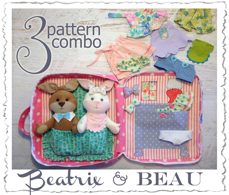 3 PATTERN COMBO Beatrix and Beau Baby Bunny PDF Doll Pattern, Wardrobe and Travel Case image 1