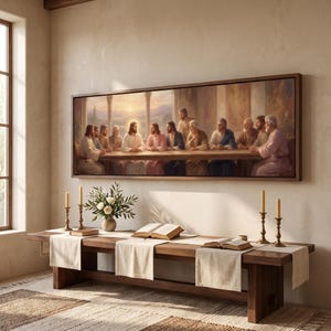 May include: A rectangular framed wall art print depicting the Last Supper with Jesus and twelve figures seated at a long table. The scene features warm lighting, soft colors, and a landscape background. The artwork is displayed in a room with a wooden table.