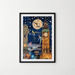 May include: A framed vertical art print featuring a night scene with Big Ben, a full moon, and hanging stars. Characters fly through the air near the clock tower. The text reads faith, trust and pixie dust, and Neverland. The color palette is dark blue.