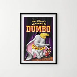 May include: A framed poster featuring the Walt Disney's Dumbo title in yellow text above a gray elephant with large ears, a yellow hat, and a yellow and red ruffled collar, standing next to a small mouse in a red circus outfit against purple curtains.