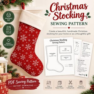 May include: A digital sewing pattern for a Christmas stocking, featuring a red stocking with white snowflakes and a white cuff. The image includes text reading Christmas Stocking Sewing Pattern, a materials list, and diagrams for cutting the fabric pieces.