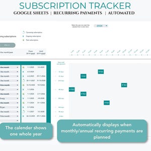 May include: A digital subscription tracker for Google Sheets featuring automated recurring payments. The interface displays a yearly calendar, payment dates, and a list of ongoing subscriptions with teal accents and text labels.