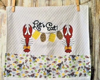 Kitchen Towel | Let's Eat | Crawfish Embroidery Dish Cloth | Southern Food | Louisiana Kitchen | Seafood Fabric | Housewarming Wedding Gift