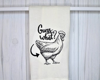 Funny Embroidery Kitchen Hand Towel - Guess What Chicken Butt - Home Decoration - Cotton Linen - Farmhouse Chicken Lady -  Farm Country