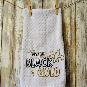 Embroidered White Kitchen Towel Live breathe Bleed Black and Gold Fleur-De-Lis Saints Football New Orleans Louisiana Saints Fan image 2