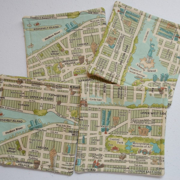 Fabric Cloth Coasters - New York City Map - Mug Rug - Party Coasters  - Housewarming Gift - Kitchen Linens - Hostess Entertaining Gift 