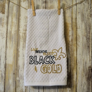 Embroidered White Kitchen Towel Live breathe Bleed Black and Gold Fleur-De-Lis Saints Football New Orleans Louisiana Saints Fan image 1