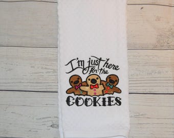 Gingerbread Embroidery Christmas Towel - I'm just here for the cookies - Tattoo Design - Housewarming Hostess Gift - Kitchen Linens -
