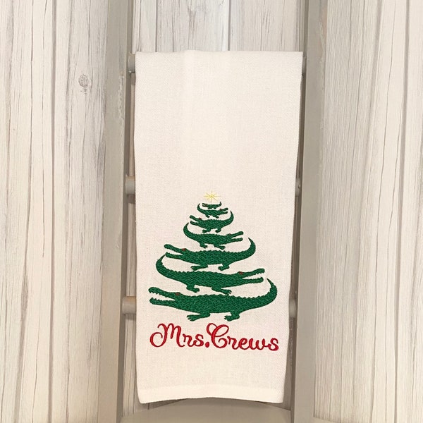 Machine Embroidered Kitchen Towel | Alligator Christmas Tree | Southern Christmas | Holiday Tree | Custom Personalized | White Dish Cloth