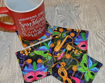 Fabric Drink Coasters | Mardi Gras | New Orleans Louisiana | Mug Rug | Set of 4 | Housewarming Gift | Festival Party | Carnival Time