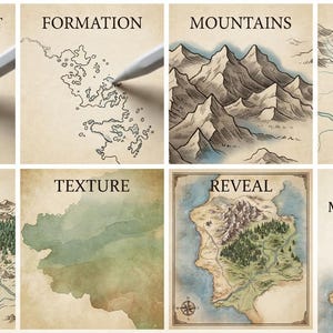 以下が含まれることがあります： Procreate用のデジタル地図作成キット。地形、山、川、森を描くプロセスを示す8つのパネルで構成されています。各パネルにはテキストラベル、スタイラスペン、そして完成したカラーの地図イラストが含まれています。