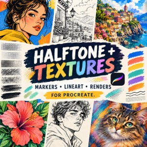 May include: A digital design asset collection titled HALFTONE + TEXTURES FOR PROCREATE. The image features a collage of artistic samples including portraits, a coastal landscape, a hibiscus flower, a cat, and various brush stroke textures.