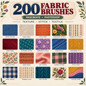 以下が含まれることがあります： ProcreateおよびPhotoshop用の「200 Fabric Brushes」と題されたデジタルコレクション。20個の正方形のサンプルグリッドで構成され、さまざまなテキスタイルパターン、刺繍効果、ステッチライン、ニットの質感、織物の木目調が表示されています。