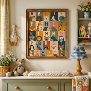 May include: A rectangular wooden-framed wall art print featuring a colorful alphabet grid. Each letter from A to Z is paired with a stylized animal illustration, including a crocodile, bear, cat, dog, elephant, fox, giraffe, hedgehog, and others.