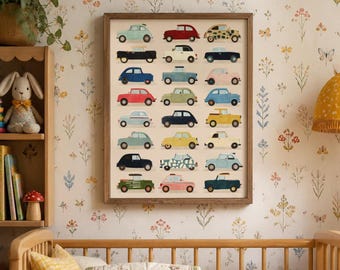 May include: A framed wall art print featuring a grid of twenty-four illustrated vintage cars in various colors including red, blue, yellow, green, and black, arranged in four columns and six rows on a light cream background within a wooden frame.