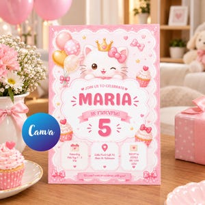 May include: A pink birthday invitation card featuring a white cartoon cat wearing a gold crown and pink bow. The text reads: JOIN US TO CELEBRATE MARIA IS TURNING 5. It includes details for Little Park Cafe, 14th Sep, and RSVP information.
