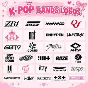 以下が含まれることがあります： 薄いピンクの背景に黒いK-POPバンドのロゴが並んだグリッドで、上部に「K-POP BANDS LOGOS」というテキストがあります。ロゴには、ZB1、ATEEZ、MAMAMOO、Red Velvet、Girls' Generation、NCT、ENHYPEN、HUNTRAX、GOT7、CORTIS、Stray Kids、AHOF、BOYNEXTDOOR、NewJeans、III+、RIIZE、EXO、BTS、TWICE、ITZY、LE SSERAFIM、aespa、BABYMONSTER、i-dle、KATSEYE、TOMORROW X TOGETHER、BLACKPINKが含まれています。