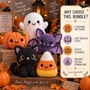 Può includere: Un set all'uncinetto Spooky Friends che include un fantasma bianco, una zucca arancione, un pipistrello viola, un gatto nero e un candy corn. L'immagine contiene il testo: Why Choose This Bundle? 5 Original Patterns, Easy English Steps.
