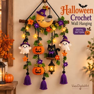 Halloween Crochet Wall Hanging Pattern PDF, Ghost Pumpkin & Black Cat, Witch Hat Moon Mobile, Spooky Cute Fall Decor, Digital Download
