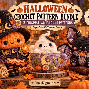 Halloween Amigurumi Crochet Pattern Bundle PDF, Pumpkin Witch Ghost Mug Bat Plush, 3 Cute Spooky Patterns, Digital Download