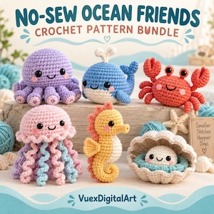 May include: A crochet pattern bundle titled NO-SEW OCEAN FRIENDS featuring six handmade plush toys: a purple octopus, a blue whale, a red crab, a pink and blue jellyfish, a yellow seahorse, and a white pearl inside a beige open seashell.