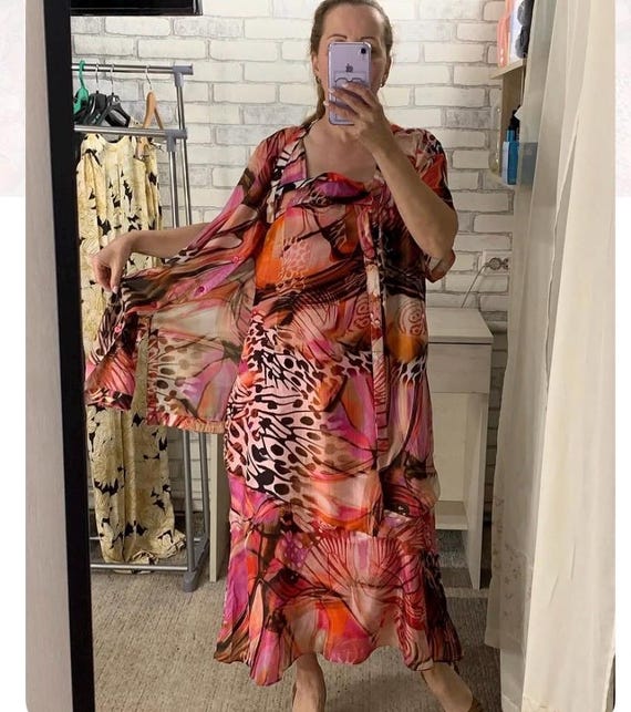 Vintage Paul Mausner Silk Two-Piece Set, Abstract Print Dress & Overshirt (XXL)