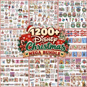 May include: A digital collection of Disney-themed Christmas graphics featuring various characters like Mickey Mouse, Stitch, and Winnie the Pooh in festive settings. The central text reads 1200+ Disney Christmas MEGA BUNDLE.
