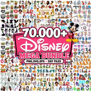 Può includere: Una collezione digitale di oltre 70.000 grafiche di personaggi Disney in un mega pacchetto. Il grafico rettangolare rosa centrale presenta il testo 70,000+ Disney MEGA BUNDLE PNG, SVG, EPS, DXF FILES, circondato da numerose illustrazioni colorate.