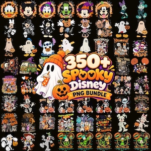 May include: A digital collection of over 350 Halloween-themed Disney character graphics featuring Mickey, Minnie, Donald, and others in costumes, ghost sheets, and skeleton outfits, with text reading 350+ SPOOKY Disney PNG BUNDLE.